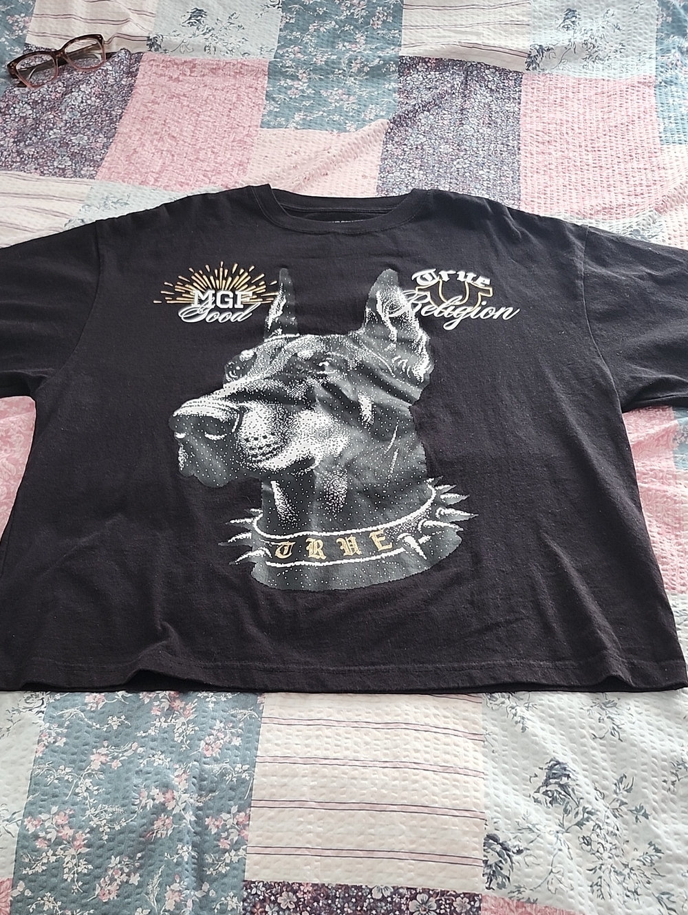 True Religion Black Graphic Doberman Dog Tee with Metallic Accents